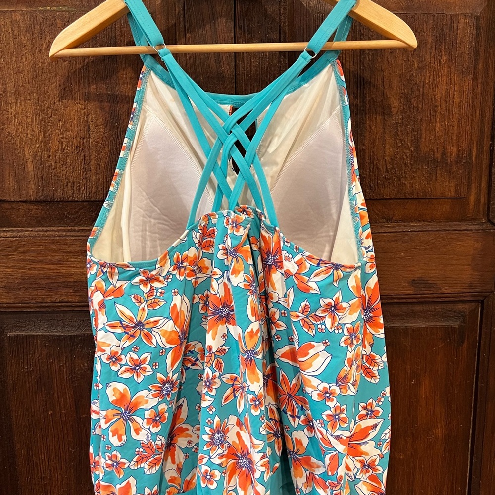 Lands’ End Tankini Swimsuit Top Blouse on Floral Turquoise Coral Strappy sz 24W - Picture 10 of 15